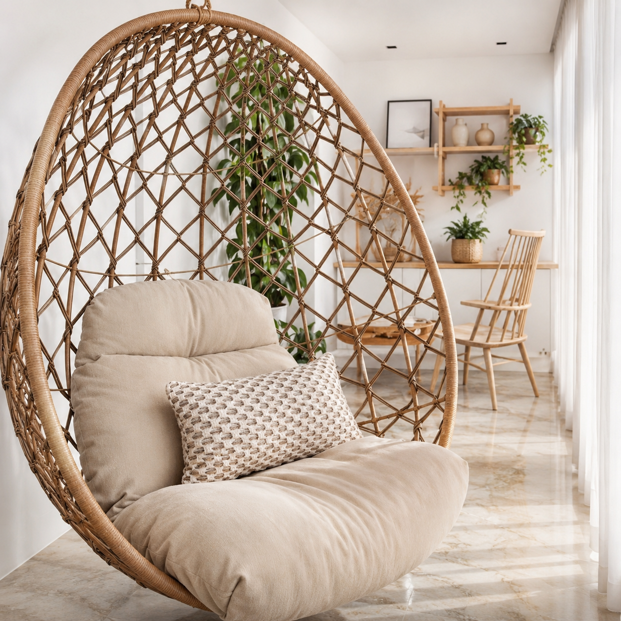 Balanço Suspenso Egg em Fibra Natural com Almofadas Estofadas