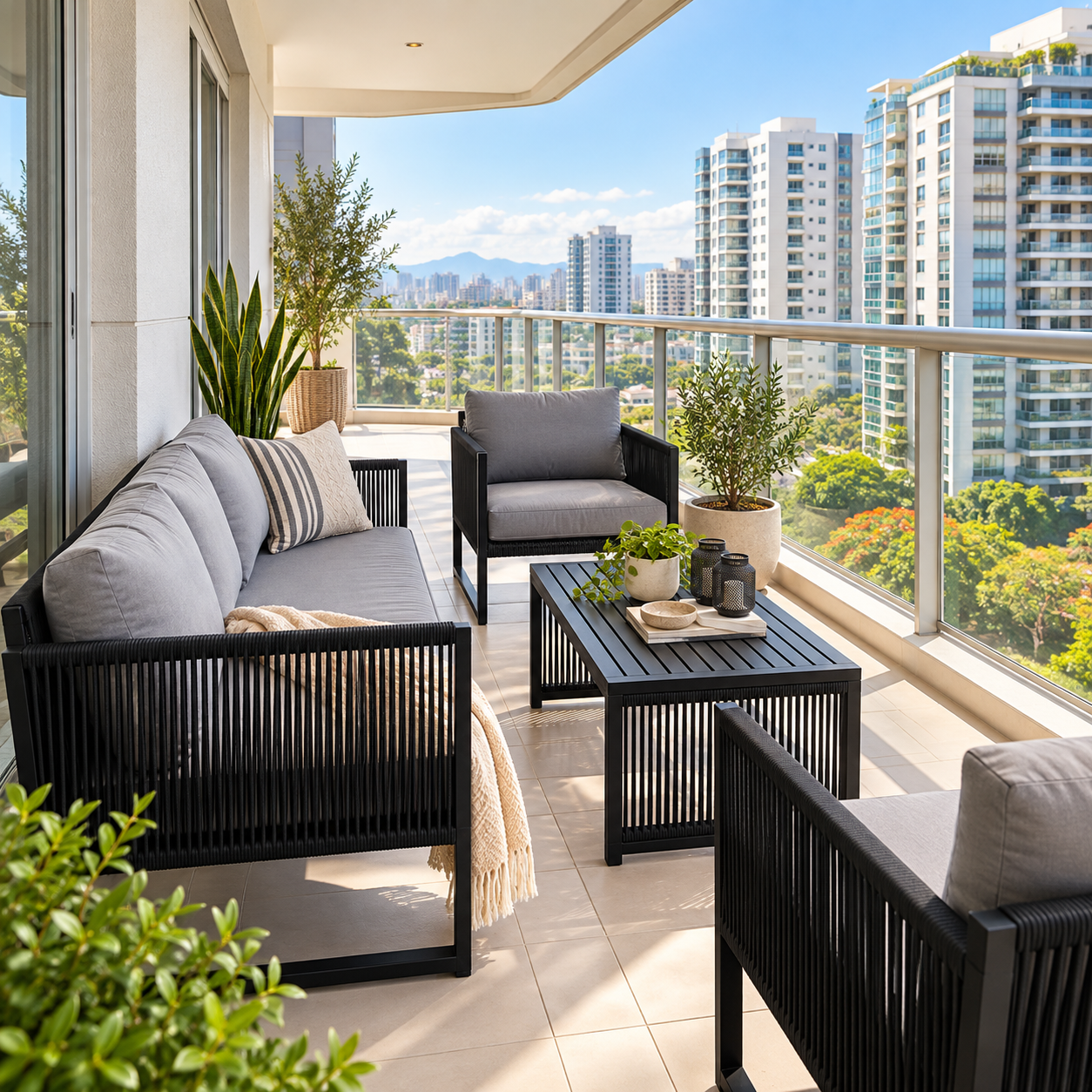 Conjunto Lounge em Corda Náutica Preta com Estofados Cinza e Mesa de Centro