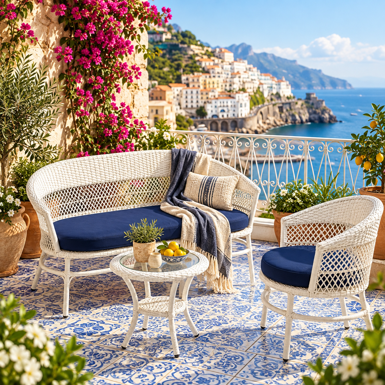 Conjunto Lounge Mediterrâneo em Fibra Sintética Branca com Estofado Azul-Marinho