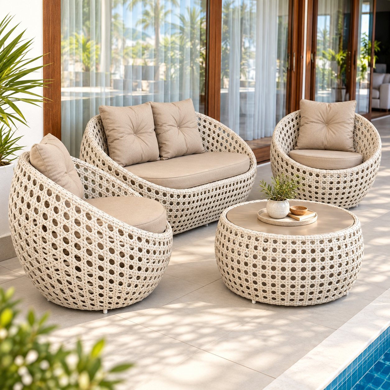 Conjunto Lounge em Fibra Sintética Clara com Sofá, Poltronas e Mesa de Centro