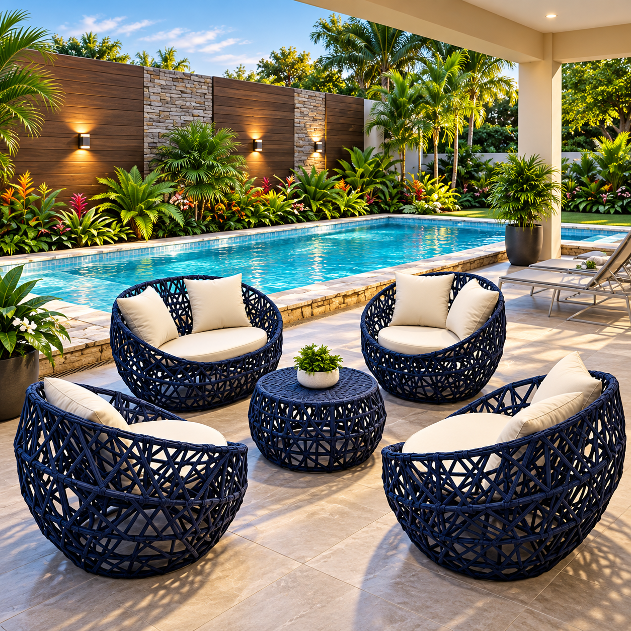Conjunto Lounge com 4 Poltronas em Corda Náutica Azul-Marinho e Mesa de Centro