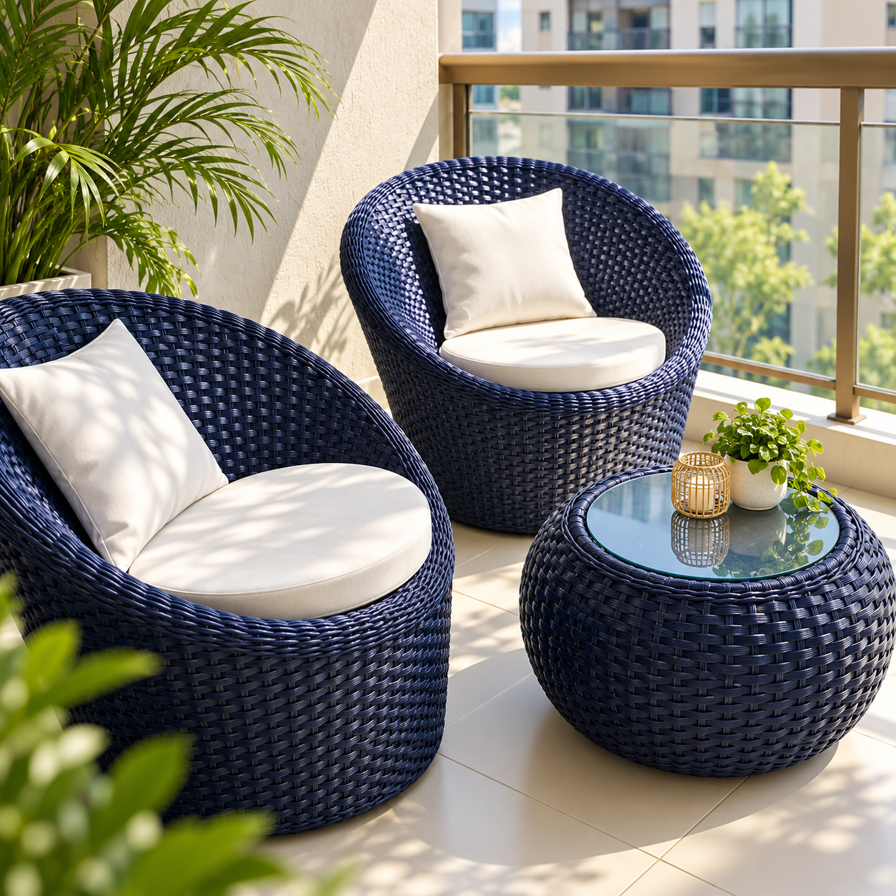 Conjunto Lounge com 2 Poltronas em Fibra Sintética Azul-Marinho e Mesa de Centro