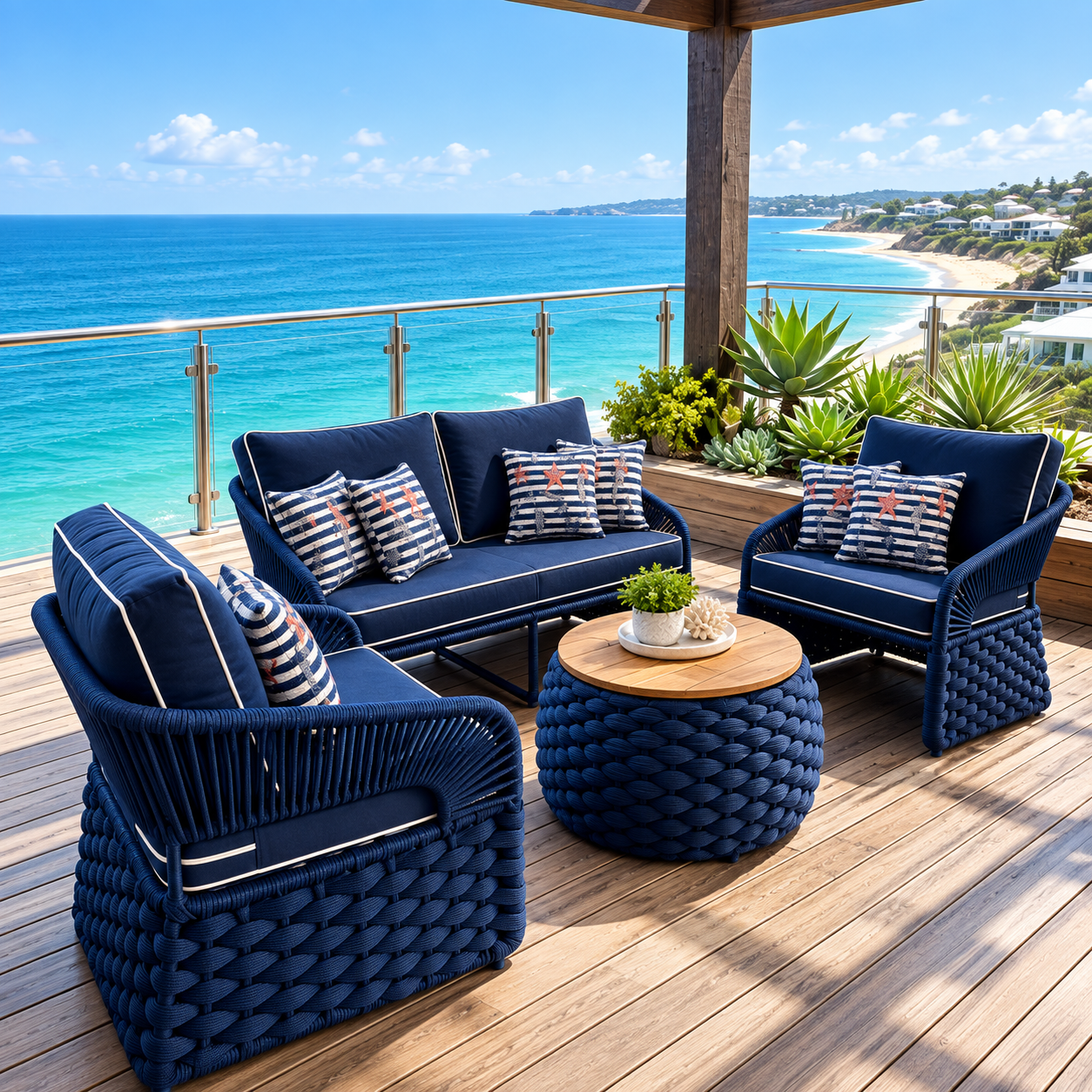 Conjunto Lounge em Corda Náutica Azul-Marinho com Sofás, Poltrona e Mesa de Centro