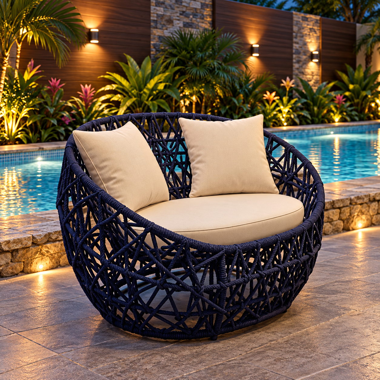 Daybed Redondo em Corda Náutica Azul-Marinho com Estofado Claro