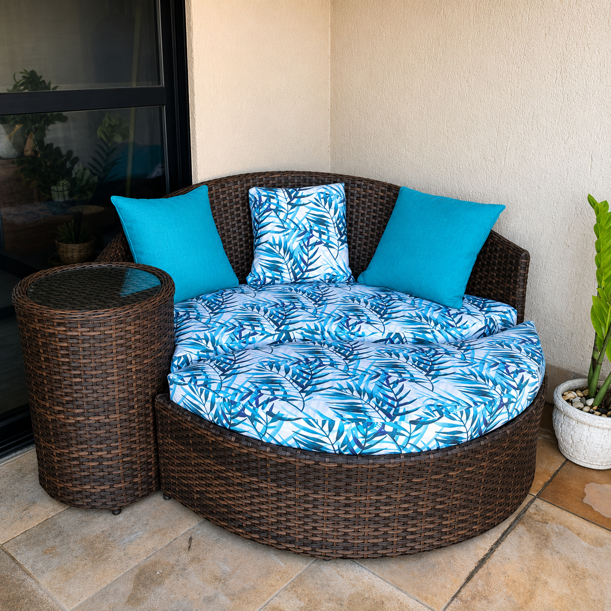 Daybed Redondo em Fibra Sintética com Estofado Tropical