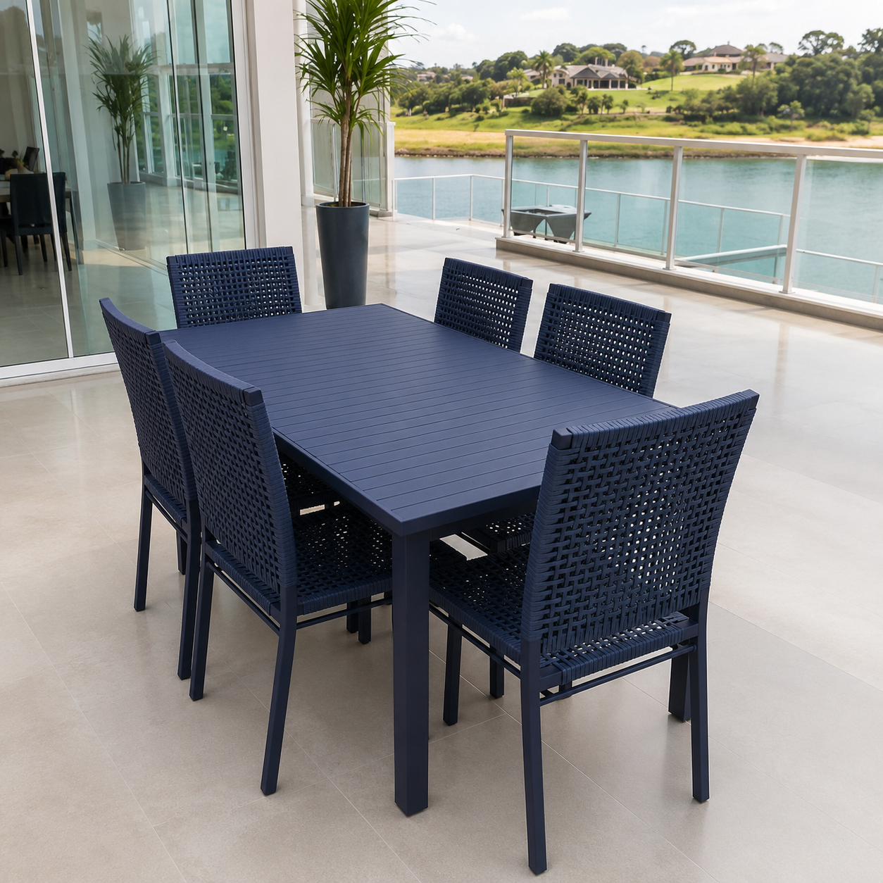 Conjunto de Jantar Retangular em Alumínio com Corda Náutica Azul-Marinho