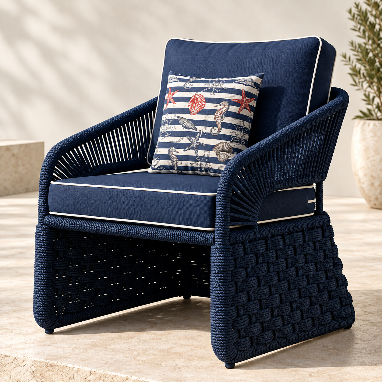 Poltrona Lounge em Corda Náutica Azul-Marinho com Estofado e Almofada Decorativa