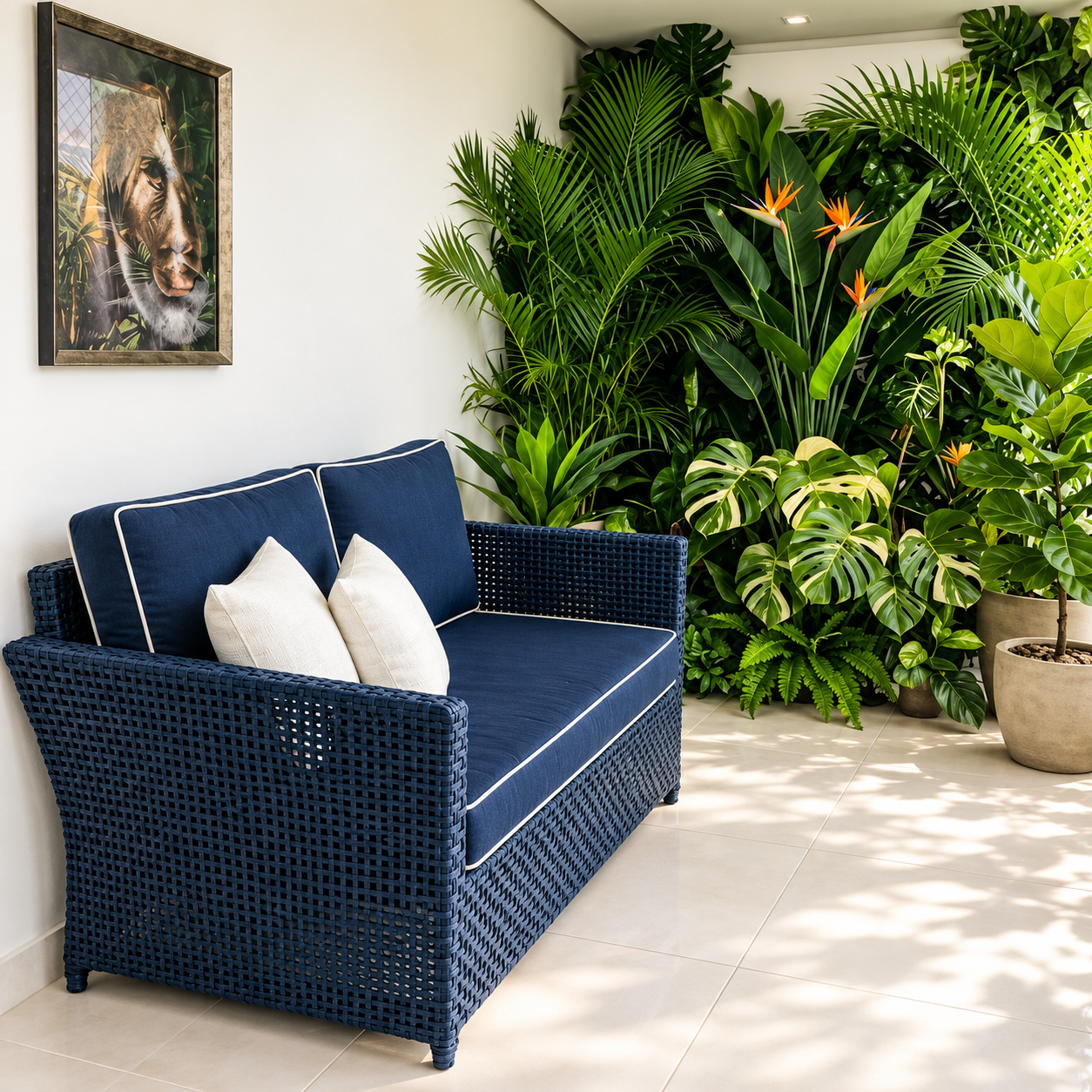 Sofá Lounge de 2 Lugares em Fibra Sintética Azul-Marinho com Estofado Premium